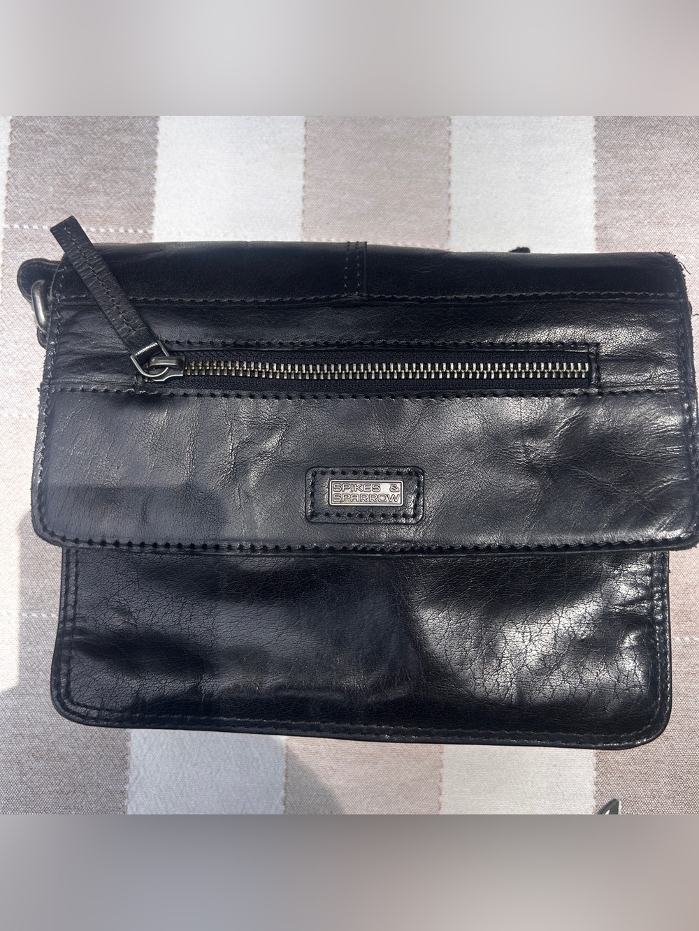 Spikes & Sparrow Black Bronco Leather Crossbody Bag with Silver Logo Plate